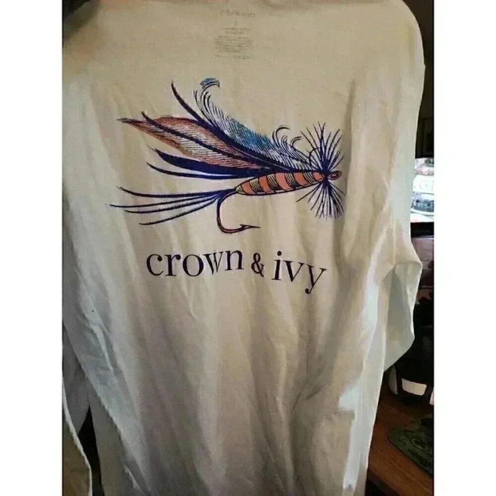 CROWN & IVY Navy Blue Long Sleeve 100% Cotton Fly Fishing Lure Small NWT (AAA)
